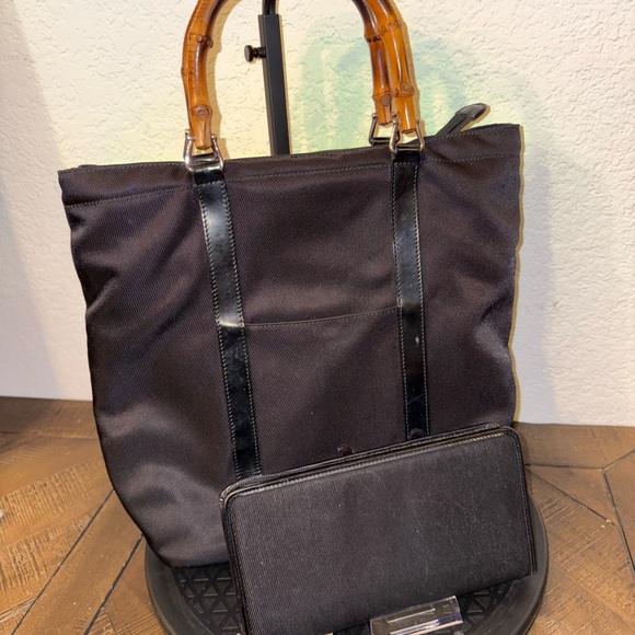 Gucci Bamboo Handle Black Nylon Tote Bag + Matching Wallet Y2K Italy Authentic - Picture 6 of 10